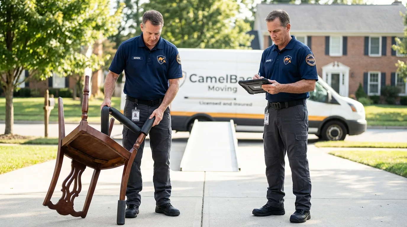 Movers inspecting furniture for damage prevention before loading in Monaca, PA